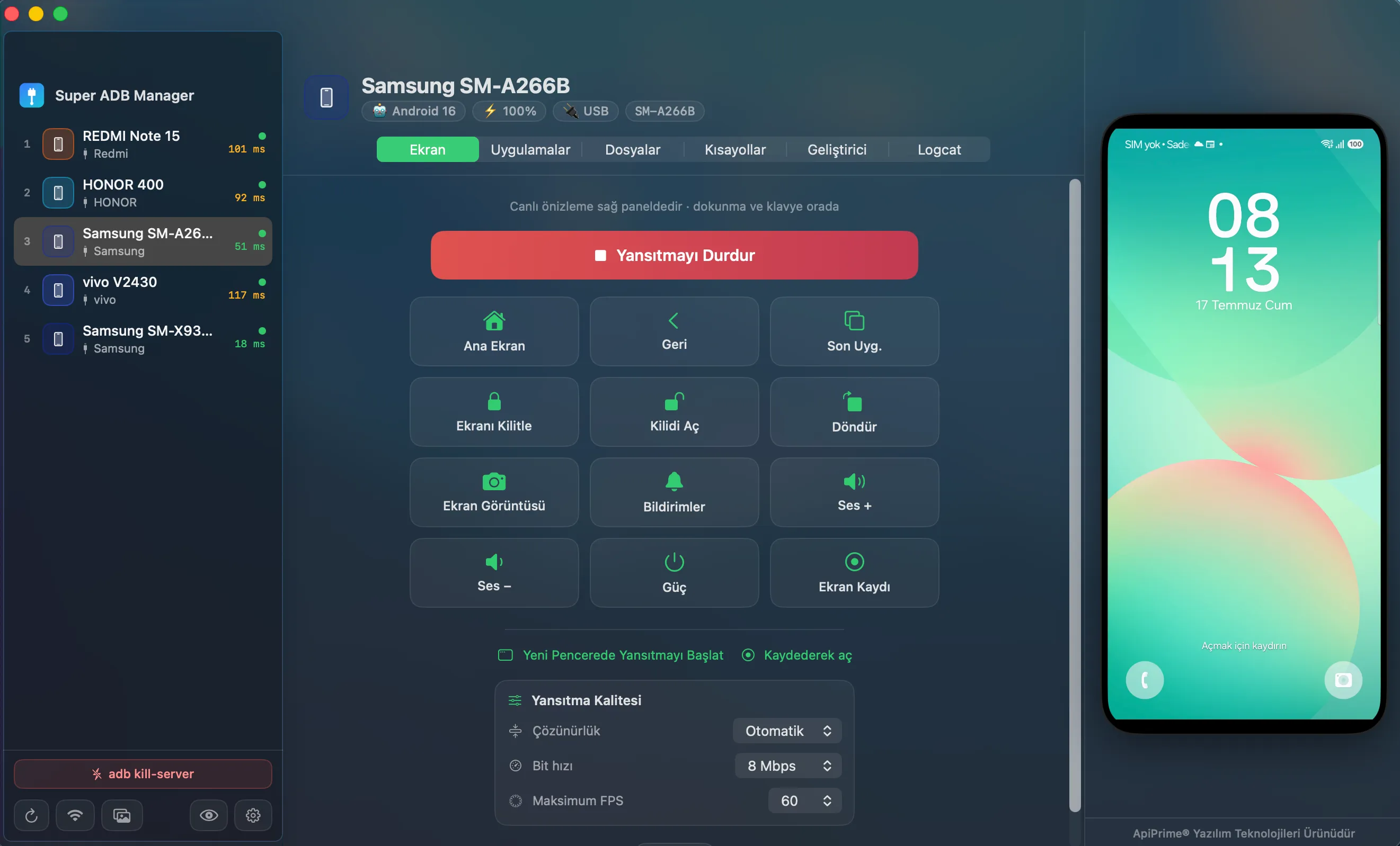 واجهة Super ADB Manager وفيها الأجهزة الموصولة وعرض الشاشة ولوحة السجلات